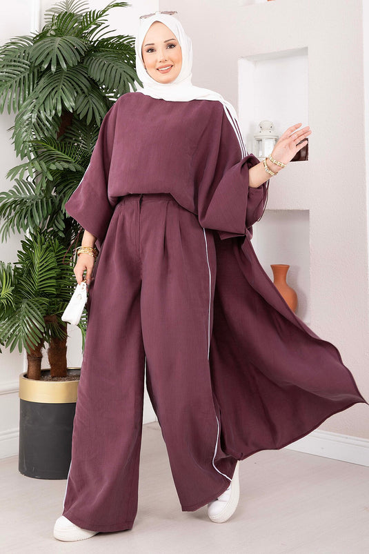Şerit Detaylı Asimetrik Tunik Pantolon Takım Bordo