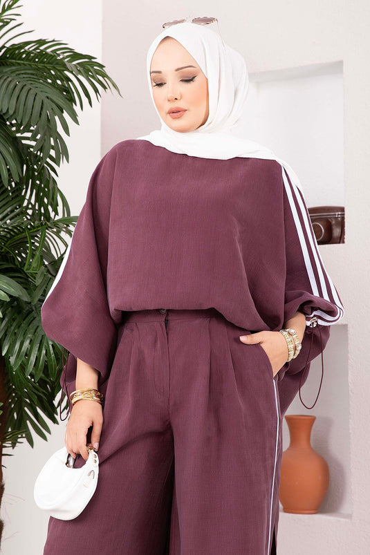 Şerit Detaylı Asimetrik Tunik Pantolon Takım Bordo