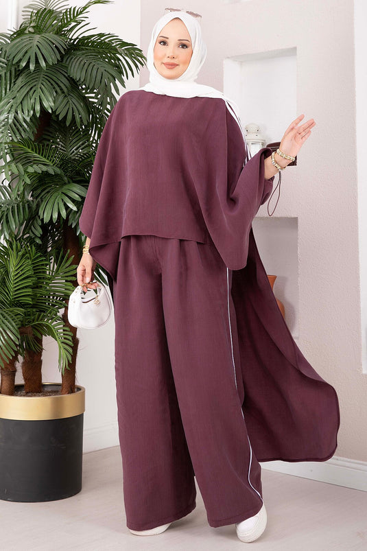 Şerit Detaylı Asimetrik Tunik Pantolon Takım Bordo