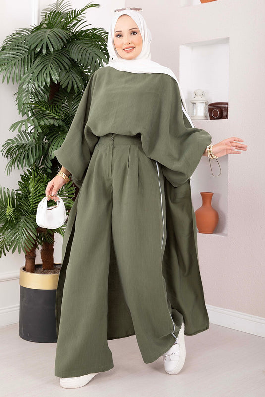 Şerit Detaylı Asimetrik Tunik Pantolon Takım Haki