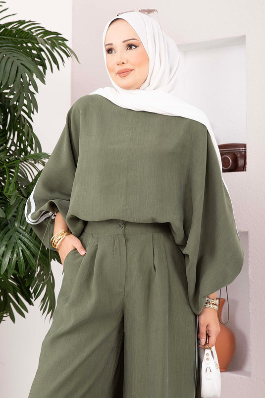 Şerit Detaylı Asimetrik Tunik Pantolon Takım Haki