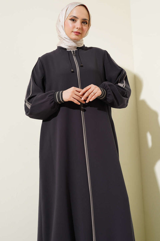 Abaya mit Streifendetail und Knöchelband in Übergröße, Rauch