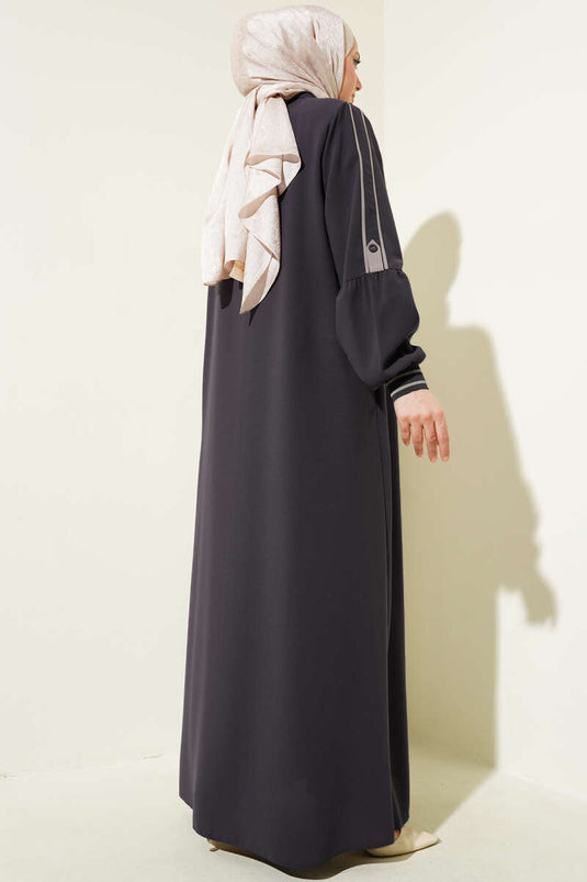 Striped Detail Wrist Ribbed Plus Size Abaya Charcoal