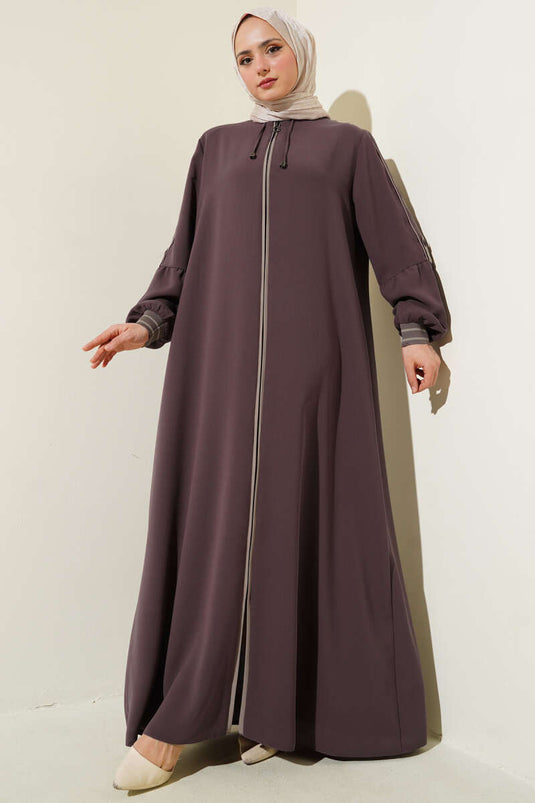 Abaya grande taille avec bande détaillée et ruban à la cheville, rose poudré