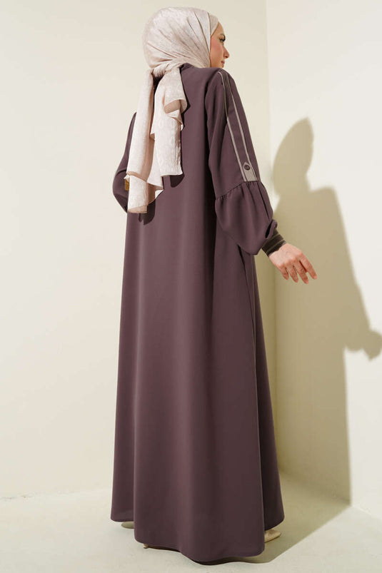 Abaya grande taille avec bande détaillée et ruban à la cheville, rose poudré