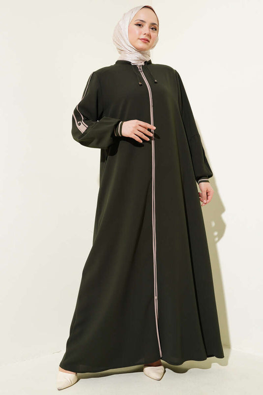 Abaya grande taille côtelée à la cheville et à rayures détaillées, kaki