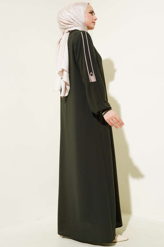 Striped Detail Wrist Ribbed Plus Size Abaya Khaki