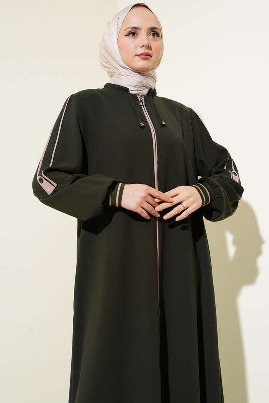 Abaya grande taille côtelée à la cheville et à rayures détaillées, kaki