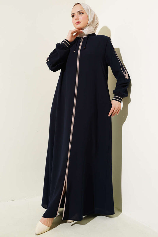 Abaya grande taille côtelée à la cheville et à rayures détaillées, bleu marine