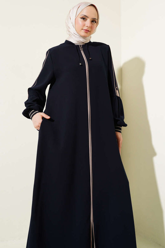 Abaya grande taille côtelée à la cheville et à rayures détaillées, bleu marine