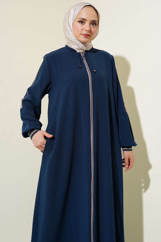 Abaya grande taille avec bande détaillée et ruban à la cheville, pétrole