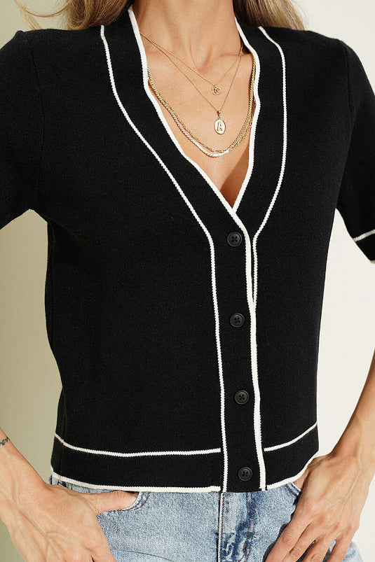 Schwarzer Gestrickter Cardigan Mit Knöpfen Und Streifen-Details