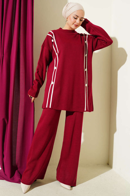 Stripe Detailed Buttoned Knitwear Two Piece Suit Burgundy