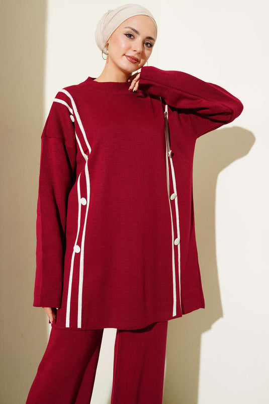 Stripe Detailed Buttoned Knitwear Two Piece Suit Burgundy