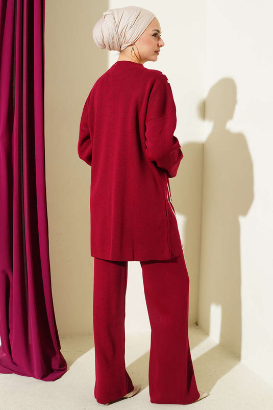 Stripe Detailed Buttoned Knitwear Two Piece Suit Burgundy