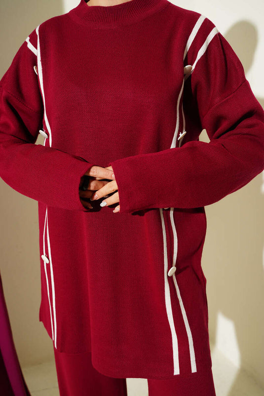 Stripe Detailed Buttoned Knitwear Two Piece Suit Burgundy