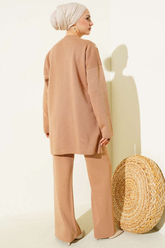 Stripe Detailed Buttoned Knitwear Two Piece Set Latte