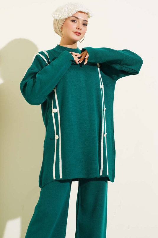 Stripe Detailed Buttoned Knitwear Two Piece Suit Emerald