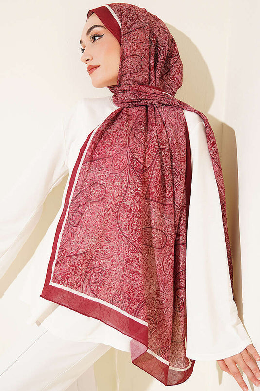 Şerit Detaylı Etnik Desenli Şal Bordo