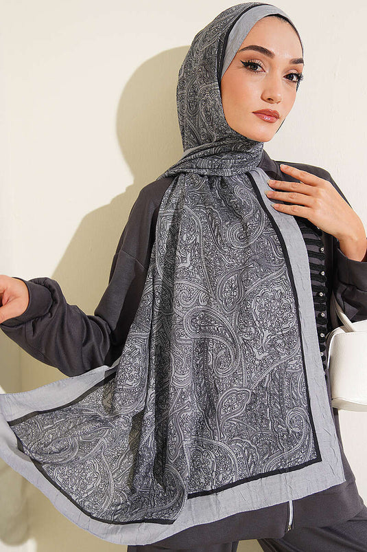 Şerit Detaylı Etnik Desenli Şal Gri