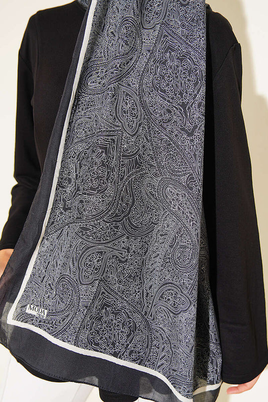 Şerit Detaylı Etnik Desenli Şal Siyah