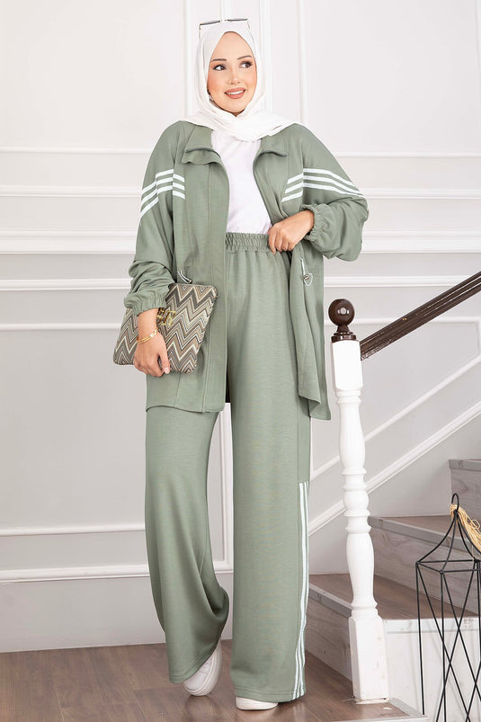 Haki Striped Zippered Sports Set