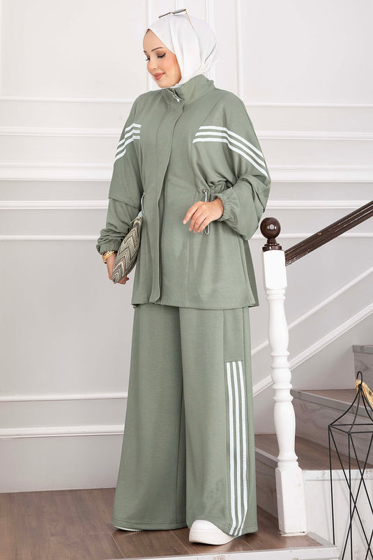 Haki Striped Zippered Sports Set