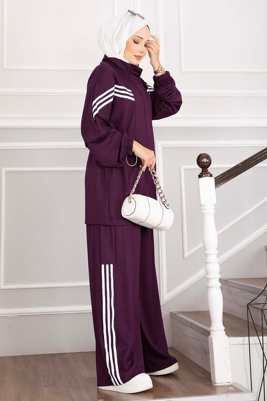 Belted Two-Piece Sports Set With Stripes And Zipper In Mauve