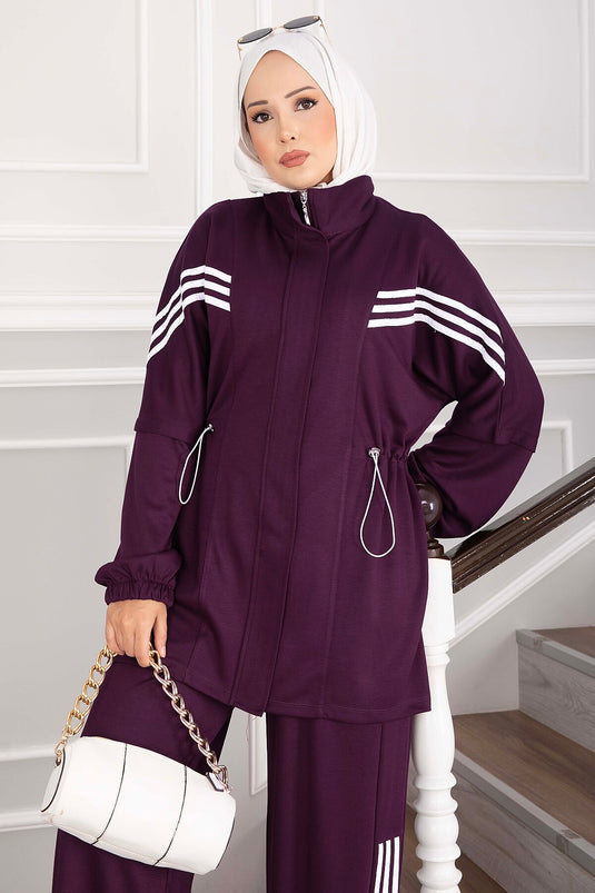 Belted Two-Piece Sports Set With Stripes And Zipper In Mauve
