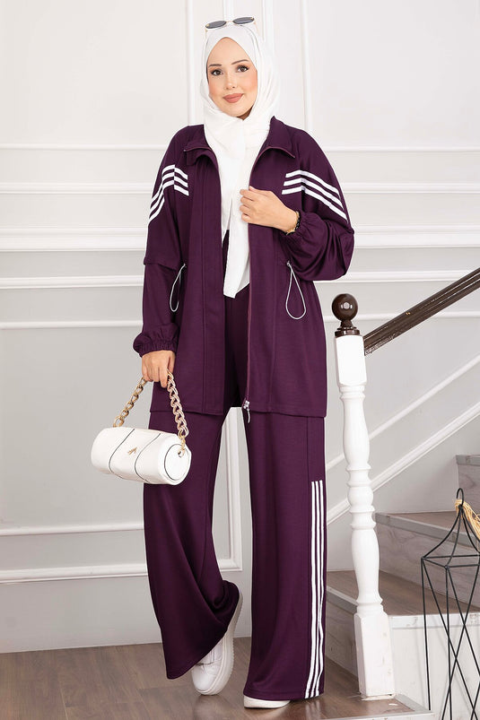 Belted Two-Piece Sports Set With Stripes And Zipper In Mauve