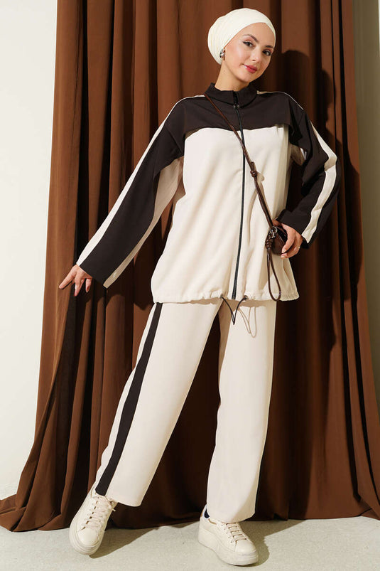 Ensemble Deux Pièces À Fermeture Éclair Rayé Beige