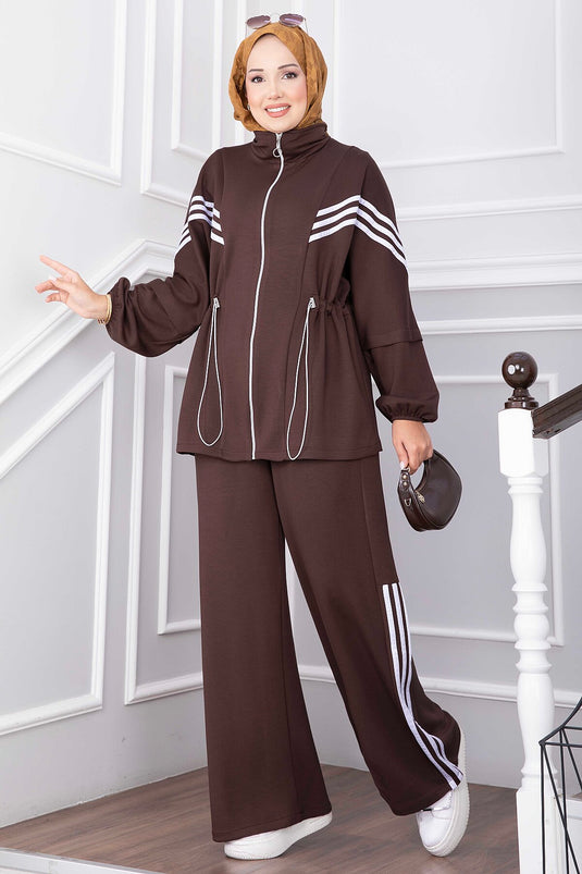 Conjunto Deportivo Con Cremallera Y Rayas En Café