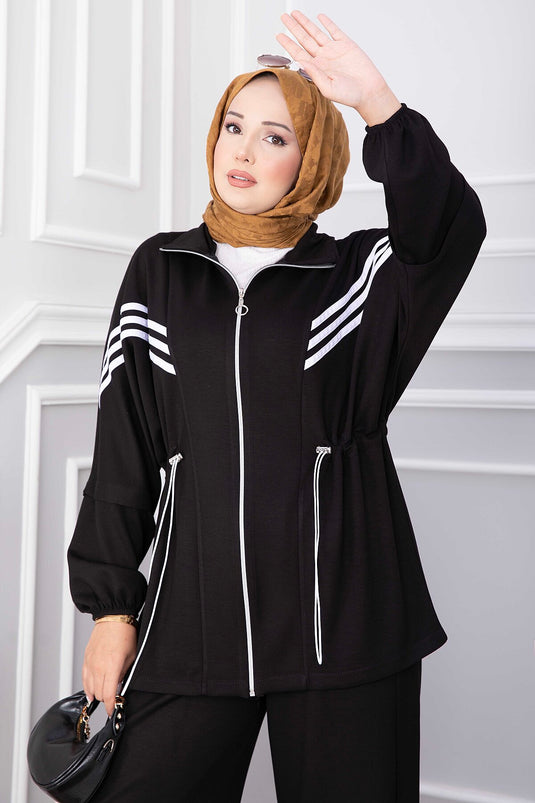 Conjunto Deportivo Con Cremallera A Rayas En Negro