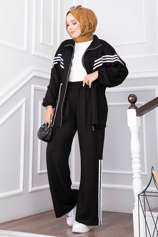 Conjunto Deportivo Con Cremallera A Rayas En Negro