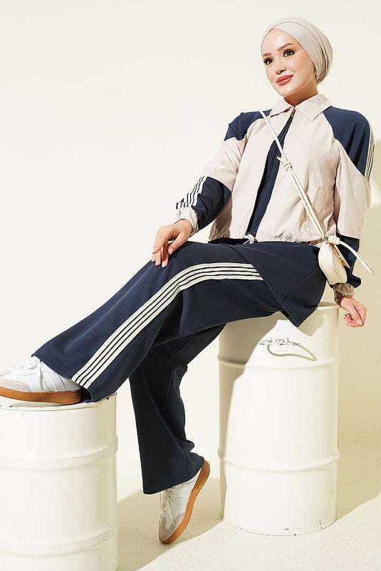 Navy Blue Striped Knit Two-Piece Set