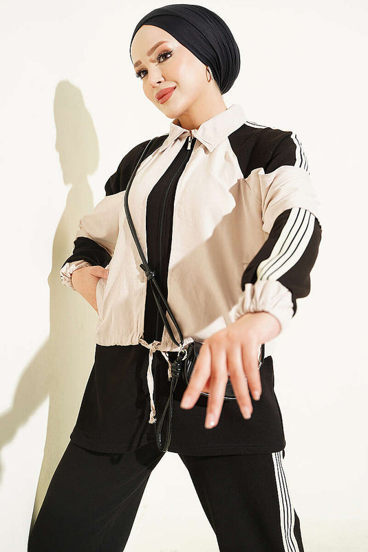 Striped Detail Knit Two-Piece Set Black