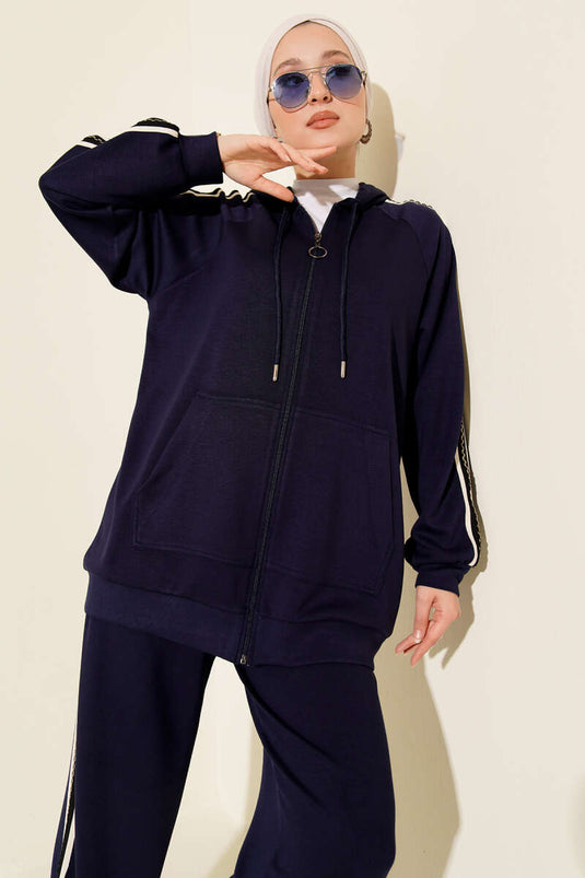 Ensemble deux pièces à capuche et rayures bleu marine