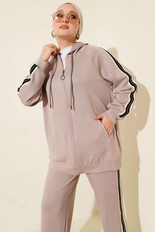 Zweiteiliges Set mit Streifenmuster und Kapuze, Stein