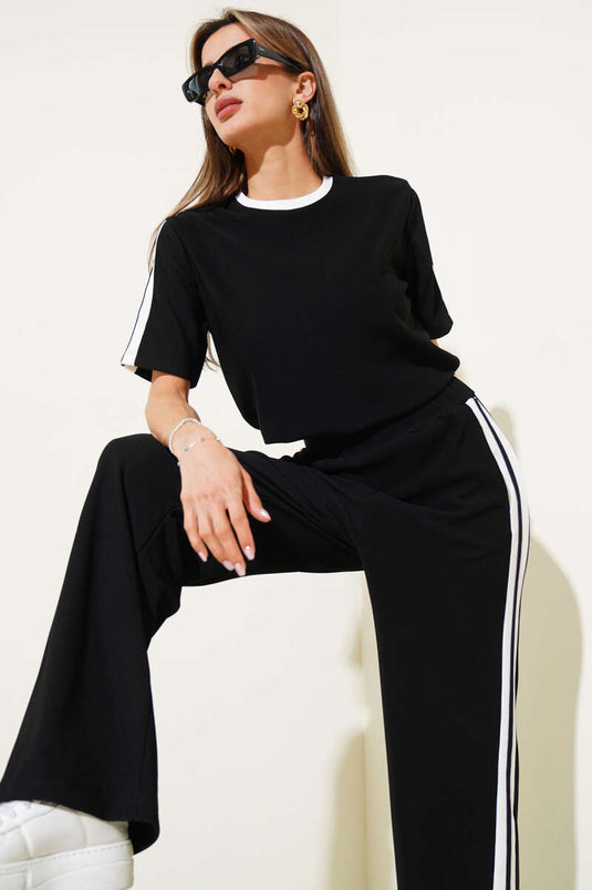 Ensemble deux pièces ottoman noir à rayures et manches courtes