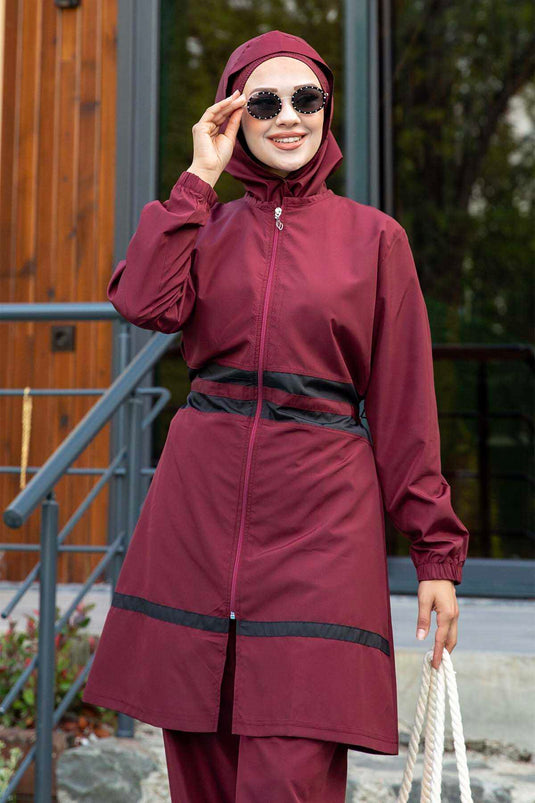 Maillot de bain hijab en tissu parachute détaillé à rayures rouge bordeaux