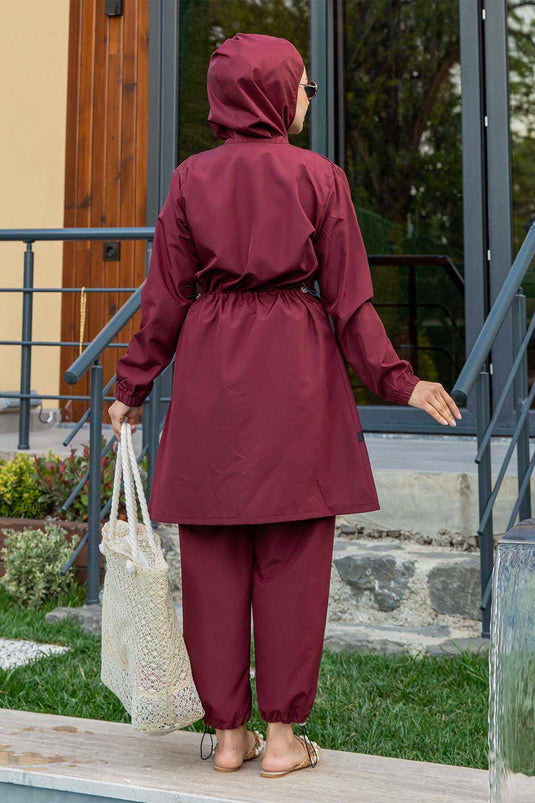 Maillot de bain hijab en tissu parachute détaillé à rayures rouge bordeaux