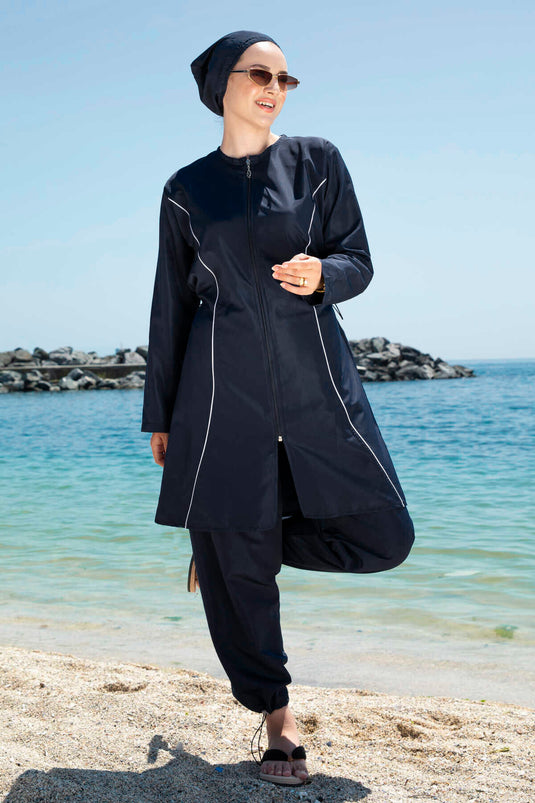 Stripe Detailed Hijab Swimsuit Navy Blue