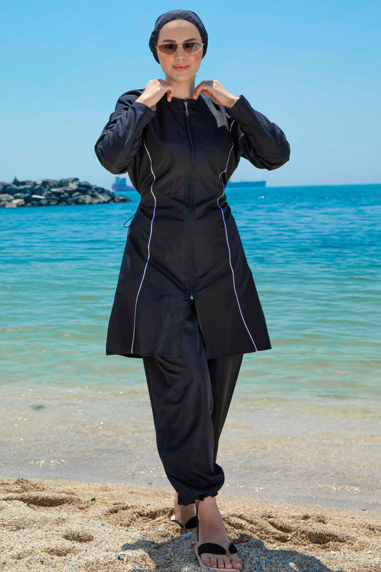 Stripe Detailed Hijab Swimsuit Black