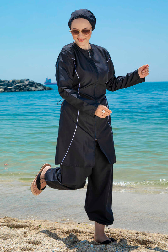 Stripe Detailed Hijab Swimsuit Black