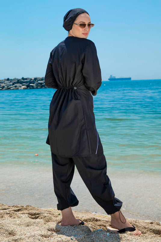 Stripe Detailed Hijab Swimsuit Black