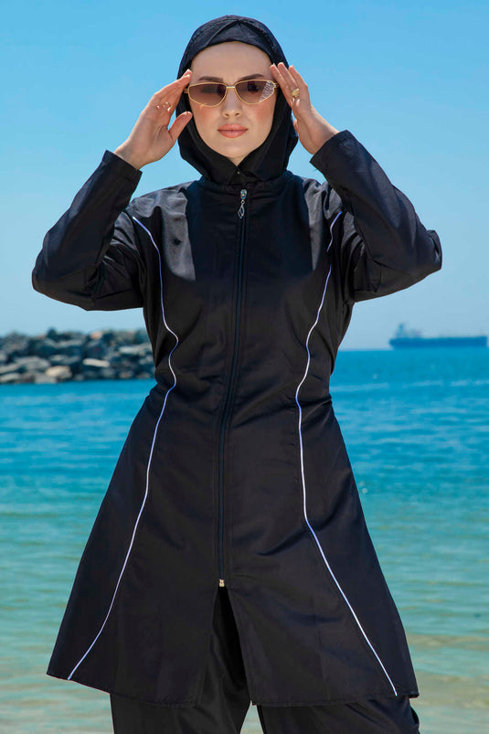 Stripe Detailed Hijab Swimsuit Black