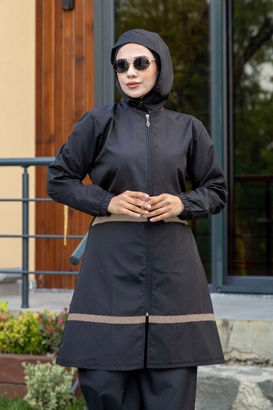 Maillot de bain hijab en tissu parachute détaillé à rayures noir