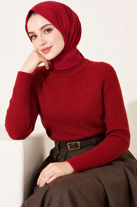 Şerit Detaylı Triko Kazak Bordo