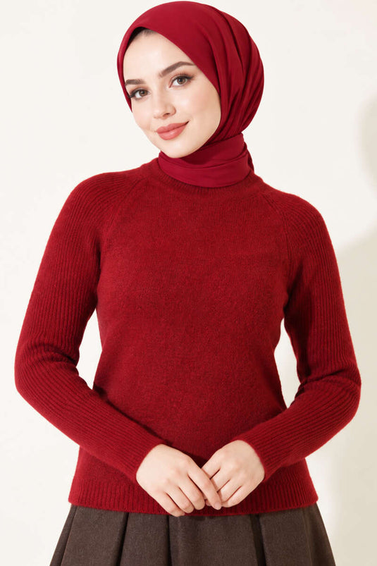 Şerit Detaylı Triko Kazak Bordo