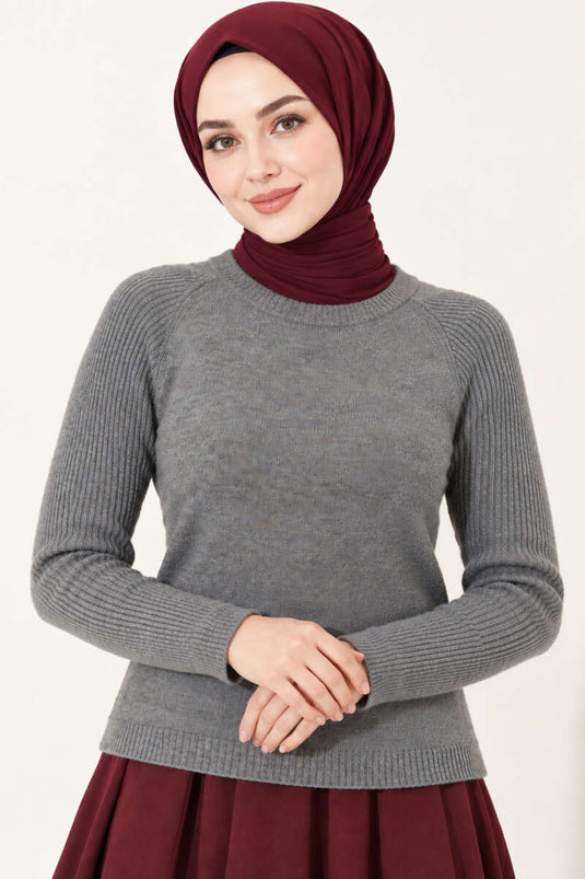 Şerit Detaylı Triko Kazak Füme